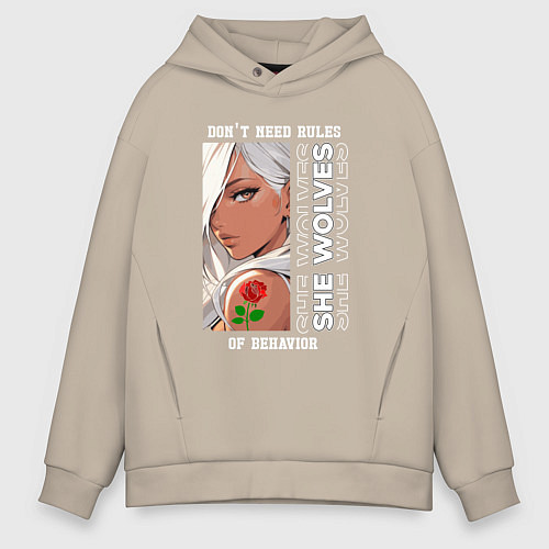 Мужское худи оверсайз Девушка из аниме с розой / Миндальный – фото 1