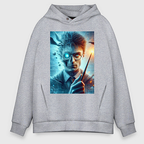 Мужское худи оверсайз Harry Potter - wizard with magic stick / Меланж – фото 1