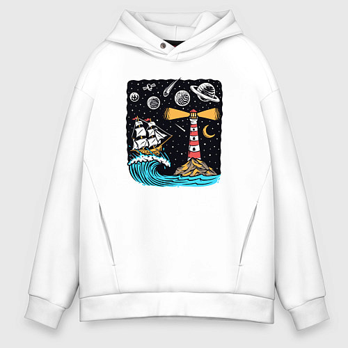 Мужское худи оверсайз Маяк и парусник / Белый – фото 1