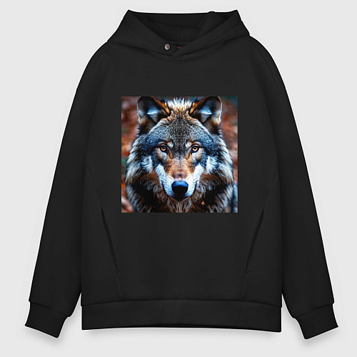 Мужское худи оверсайз Взгляд серого волка / Черный – фото 1
