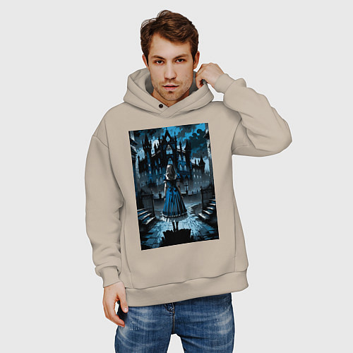 Мужское худи оверсайз Готичная Алиса в стране чудес / Миндальный – фото 3
