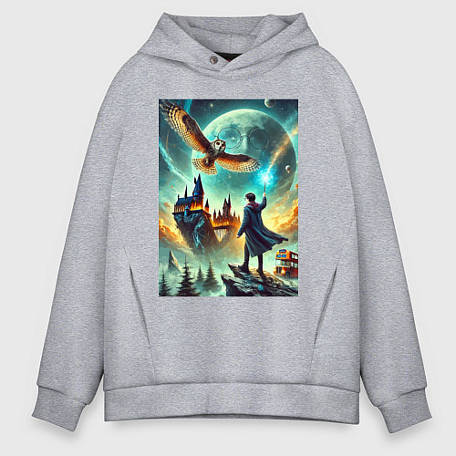 Мужское худи оверсайз Harry Potter and owl - Hogwarts / Меланж – фото 1