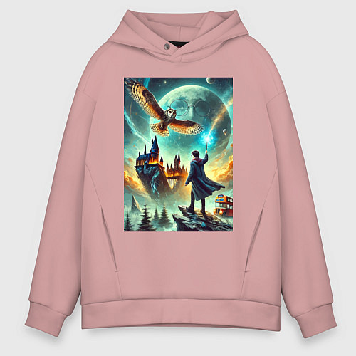 Мужское худи оверсайз Harry Potter and owl - Hogwarts / Пыльно-розовый – фото 1