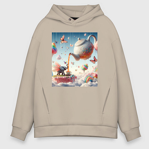 Мужское худи оверсайз Чаепитие крылатого слона - психоделика / Миндальный – фото 1