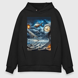 Толстовка оверсайз мужская Психоделический пейзаж с часами и рыбой, цвет: черный