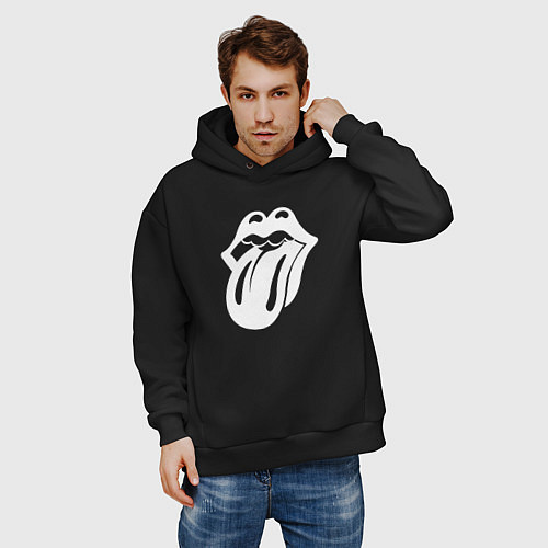 Мужское худи оверсайз Rolling Stones - white logo / Черный – фото 3