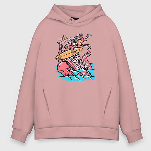 Мужское худи оверсайз Осьминог напал на серфера / Пыльно-розовый – фото 1