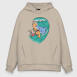 Толстовка оверсайз мужская Серфер и акула, цвет: миндальный