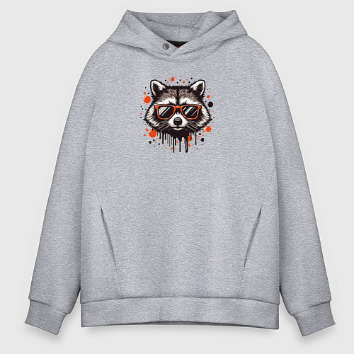 Мужское худи оверсайз Голова енота с брызгами краски / Меланж – фото 1