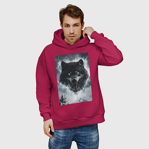 Мужское худи оверсайз Волк с оскаленной пастью / Маджента – фото 3