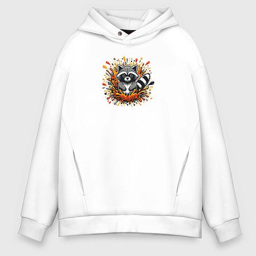 Мужское худи оверсайз Забавный енот в брызгах краски / Белый – фото 1