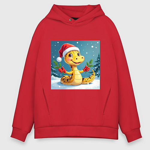 Мужское худи оверсайз Символ 2025 нового года змея в шаке Санты / Красный – фото 1