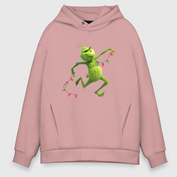 Толстовка оверсайз мужская Новогоднее настроение гринч с гирляндой, цвет: пыльно-розовый