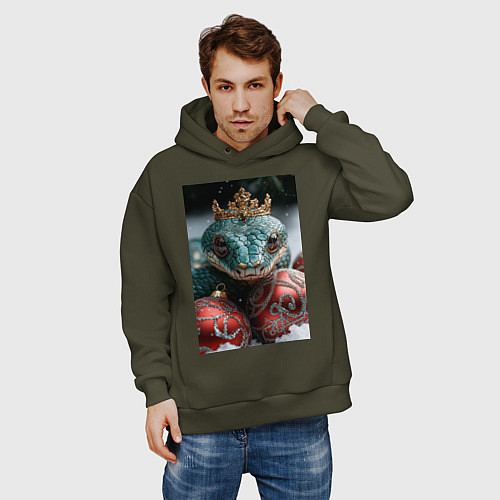Мужское худи оверсайз Новогодняя змея королева / Хаки – фото 3
