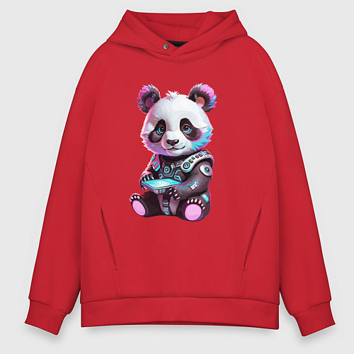 Мужское худи оверсайз Funny panda - cyberpunk fantasy / Красный – фото 1