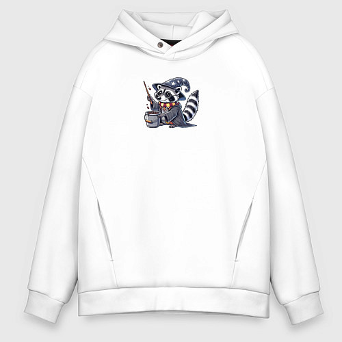 Мужское худи оверсайз Енот колдует Гарри Поттер пародия / Белый – фото 1