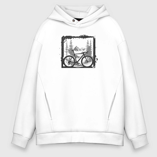Мужское худи оверсайз Веслоипед и горы в стиле гранж / Белый – фото 1