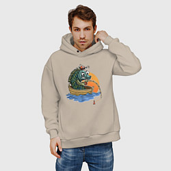 Толстовка оверсайз мужская Увлеченная рыба-рыбак ловит рыбу удочкой, цвет: миндальный — фото 2
