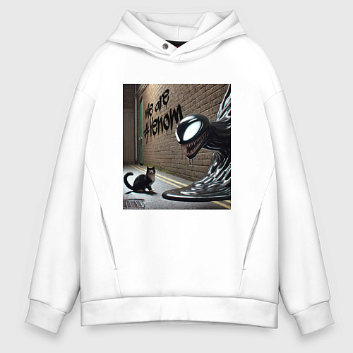 Мужское худи оверсайз Cat and Symbiote - we are Venom meme / Белый – фото 1