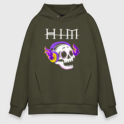 Толстовка оверсайз мужская HIM - неоновый череп, цвет: хаки