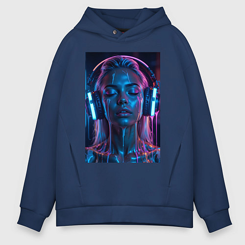 Мужское худи оверсайз Девушка с наушниками в неоне / Тёмно-синий – фото 1