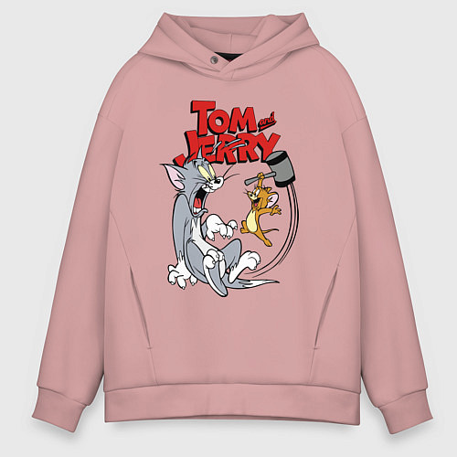 Мужское худи оверсайз Том и Джерри - кувалда / Пыльно-розовый – фото 1