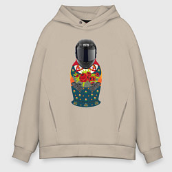 Толстовка оверсайз мужская Матрёшка мотоциклист, цвет: миндальный