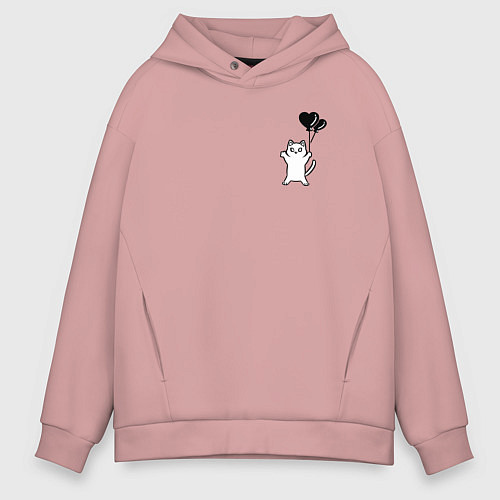 Мужское худи оверсайз Белая кошка с шариком / Пыльно-розовый – фото 1