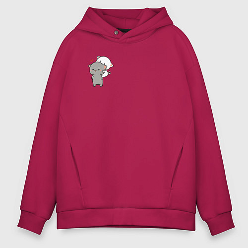 Мужское худи оверсайз Белый котик на спине у серого для пары / Маджента – фото 1