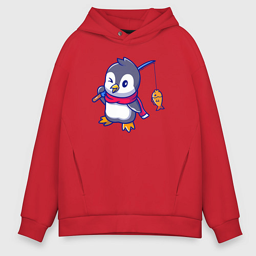 Мужское худи оверсайз Пингвин рыбак / Красный – фото 1
