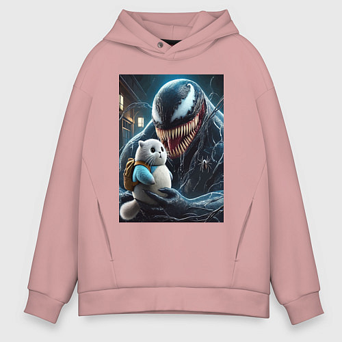 Мужское худи оверсайз Venom and funny kitten with backpack / Пыльно-розовый – фото 1