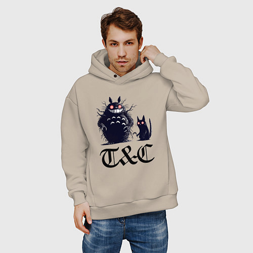 Мужское худи оверсайз Totoro and black cat - anime / Миндальный – фото 3
