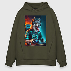 Толстовка оверсайз мужская Волчара кибер спортсмен - нейроарт, цвет: хаки