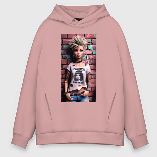 Мужское худи оверсайз Barbie near wall - punks not dead / Пыльно-розовый – фото 1