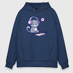Толстовка оверсайз мужская Котёнок меломан, цвет: тёмно-синий