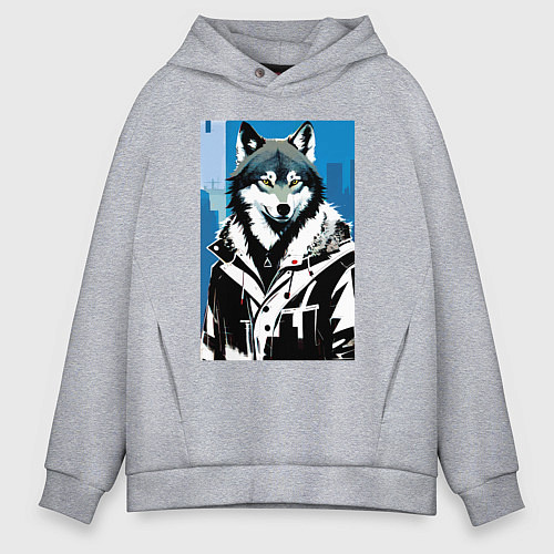 Мужское худи оверсайз Волк в мегаполисе - нейроарт / Меланж – фото 1