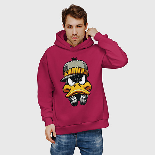 Мужское худи оверсайз Duffy Duck in headphones / Маджента – фото 3