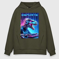 Мужское худи оверсайз Tyrannosaurus is esports player - neon glow