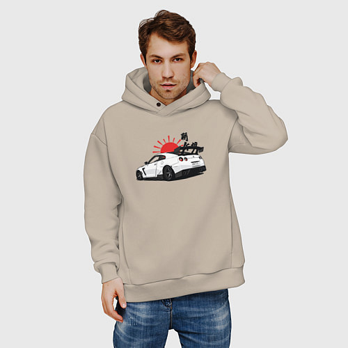 Мужское худи оверсайз Авто и иероглифы / Миндальный – фото 3