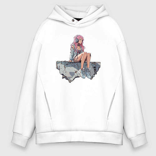 Мужское худи оверсайз Девушка в постапокалипсис / Белый – фото 1