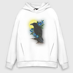 Толстовка оверсайз мужская Чёрный ворон на ветке под луной среди синих цветов, цвет: белый