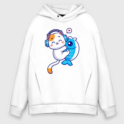 Мужское худи оверсайз Котик и рыба / Белый – фото 1