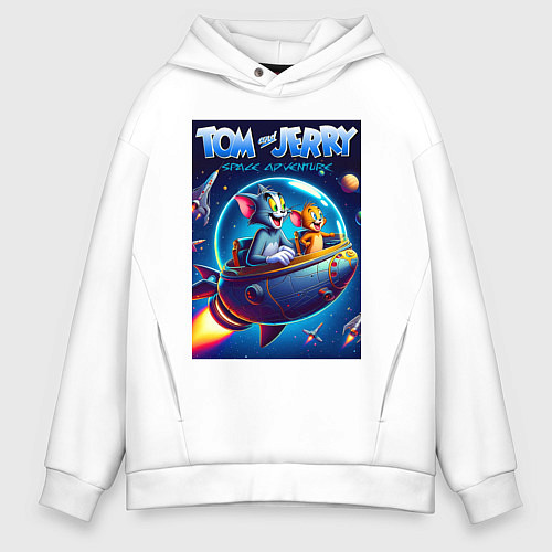 Мужское худи оверсайз Tom and Jerry - space adventure / Белый – фото 1