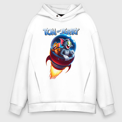 Мужское худи оверсайз Том и Джерри - космическое приключение / Белый – фото 1