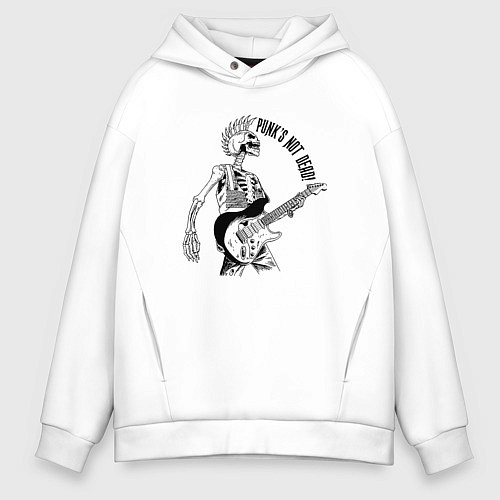Мужское худи оверсайз Skeleton guitarist - punks not dead motto / Белый – фото 1