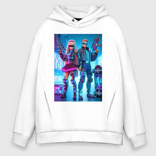 Мужское худи оверсайз Ken and Barbie - cyberpunk ai art / Белый – фото 1