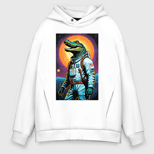 Мужское худи оверсайз Крокодил бравый космонавт - нейроарт / Белый – фото 1