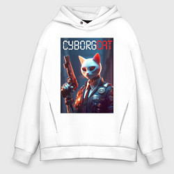 Толстовка оверсайз мужская Cyborg white cat - ai art fantasy, цвет: белый