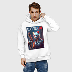 Толстовка оверсайз мужская Cyborg white cat - ai art fantasy, цвет: белый — фото 2