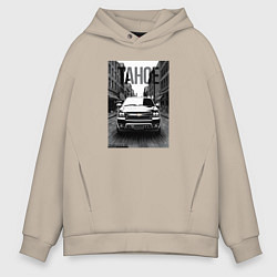 Толстовка оверсайз мужская Tahoe chevrolet черно белая машина рисованная в го, цвет: миндальный